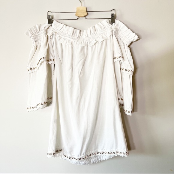 Misa Los Angles Dress Valerie Off-the-Shoulder Mini Grommet Trim White Large NWT - Picture 5 of 8